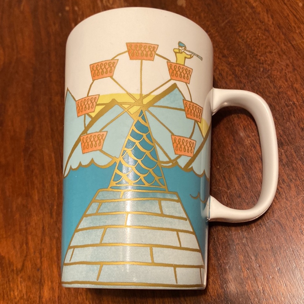 Starbucks ceramic mug rare unique pattern green , gold and peach Nice condition